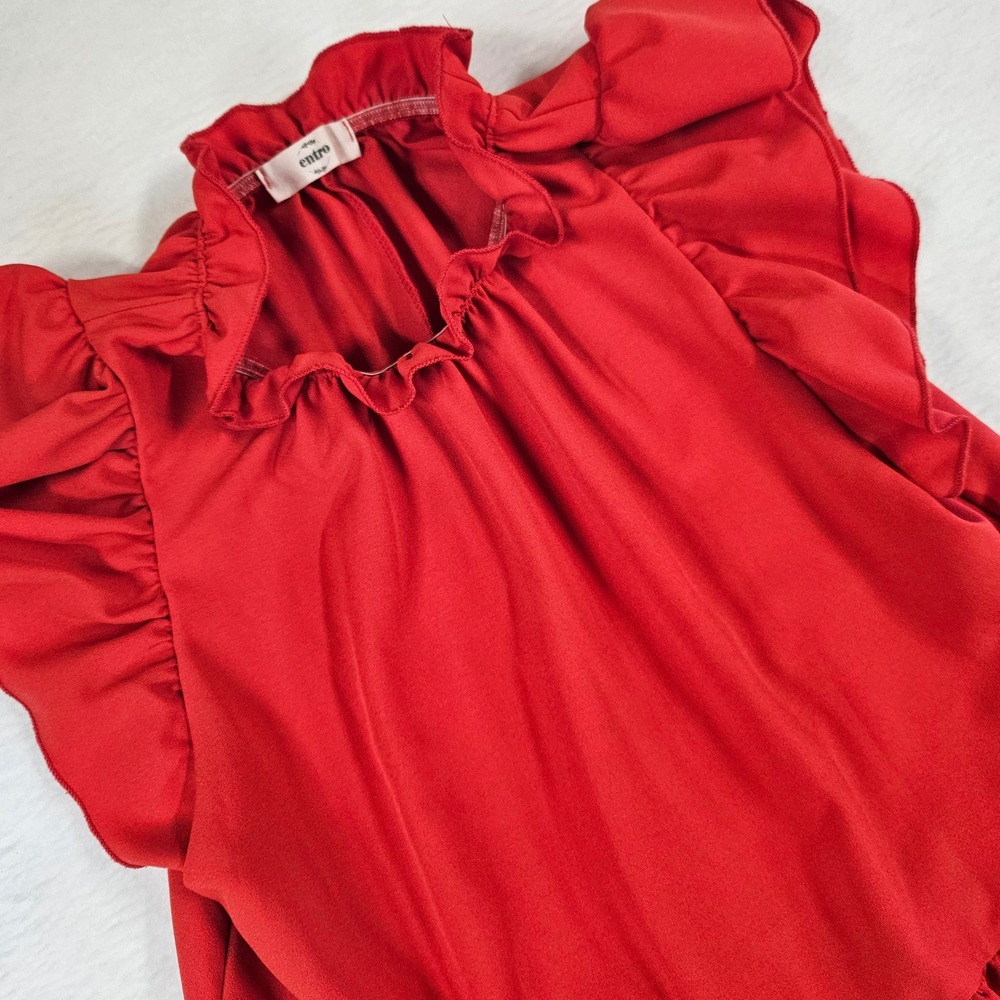 Entro Red Ruffle Neck Flutter Sleeve Tiered Babydoll Mini‎ Dress Womens Small